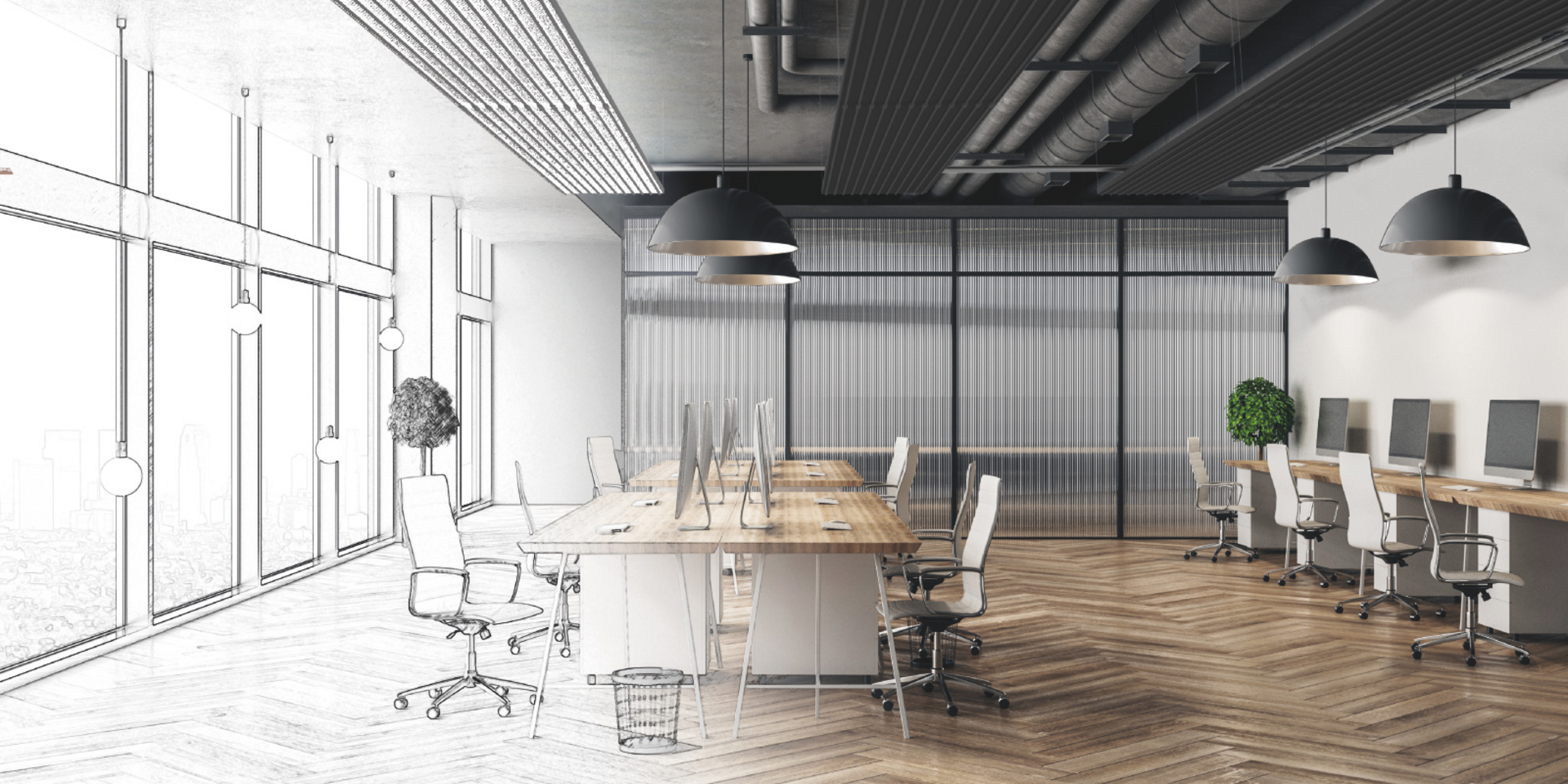 Modern hand drawn meeting room office interior with city view and daylight. Architecture and engineering concept. 3D Rendering