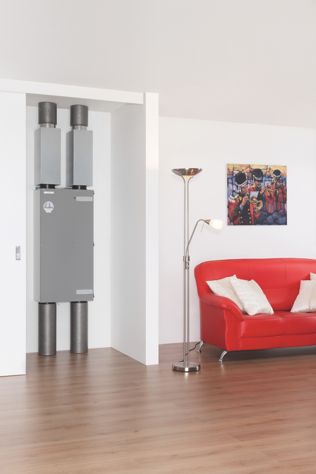 Comfoair200, CA200, Comfopipe150, CP150, ComfoSilence, silencer, ambience, living room, launge, sofa, milieu
