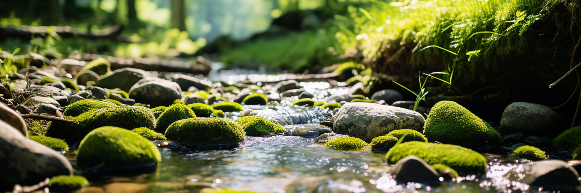 A brook that flows through a forest, and on its banks a lot of greenery, stones, water, wood, trees, gras